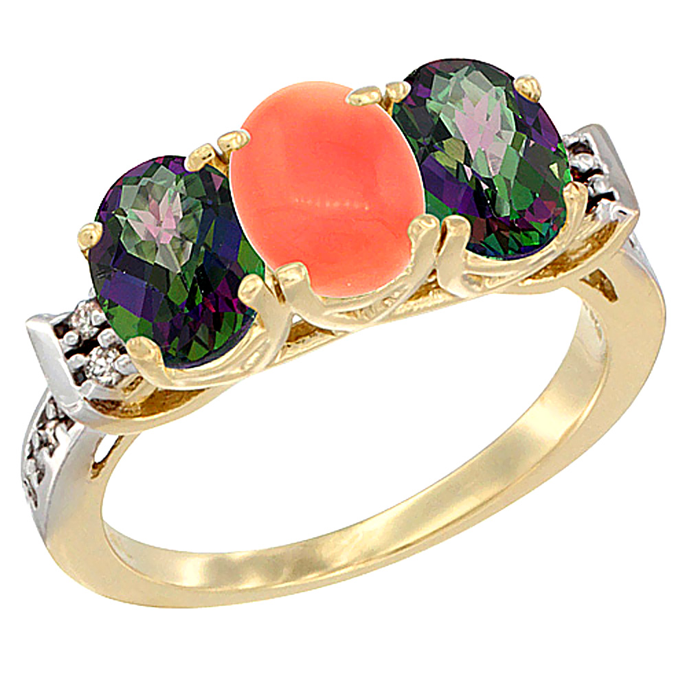 10K Yellow Gold Natural Coral &amp; Mystic Topaz Sides Ring 3-Stone Oval 7x5 mm Diamond Accent, sizes 5 - 10