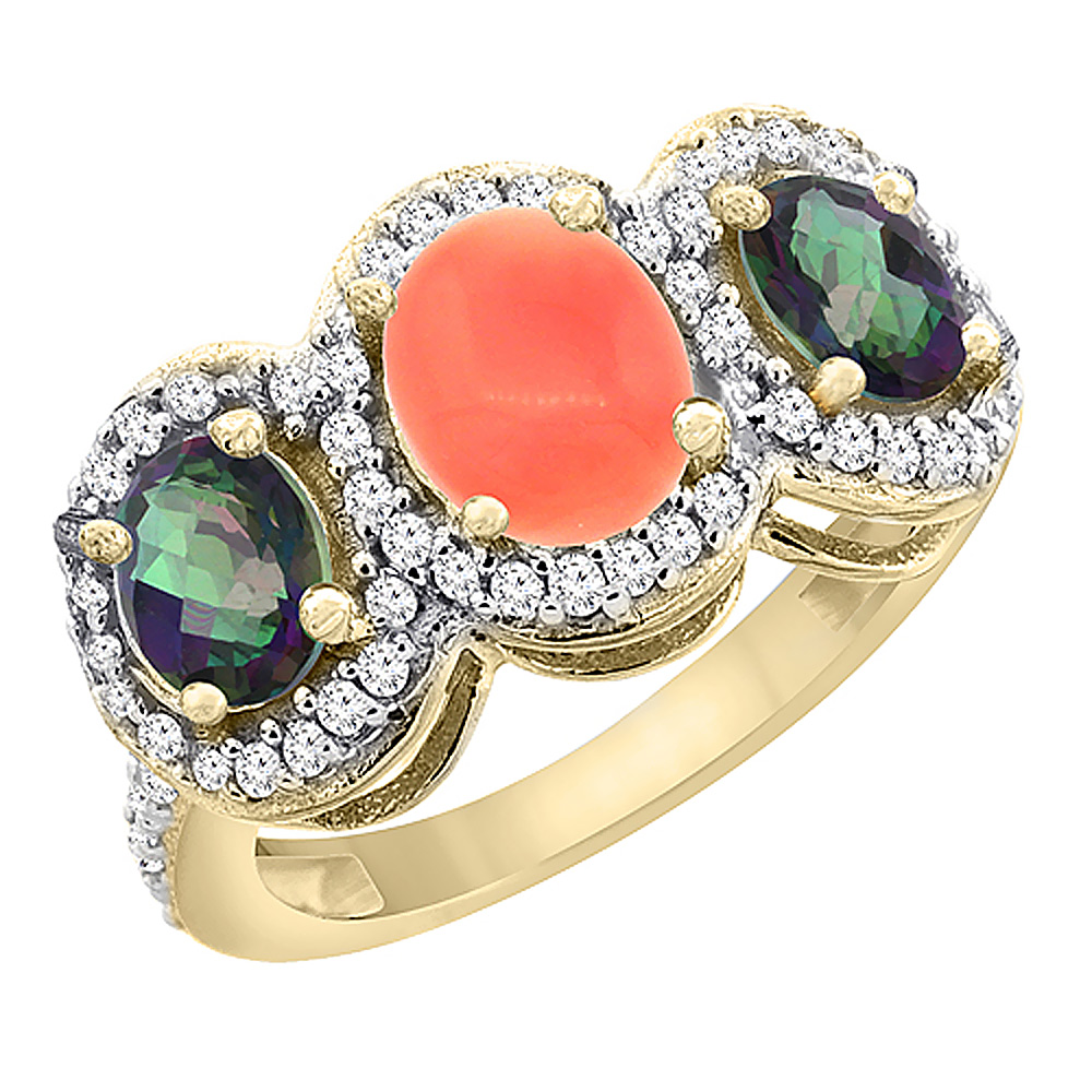 14K Yellow Gold Natural Coral &amp; Mystic Topaz 3-Stone Ring Oval Diamond Accent, sizes 5 - 10