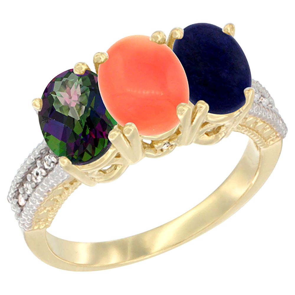 14K Yellow Gold Natural Mystic Topaz, Coral & Lapis Ring 3-Stone 7x5 mm Oval Diamond Accent, sizes 5 - 10