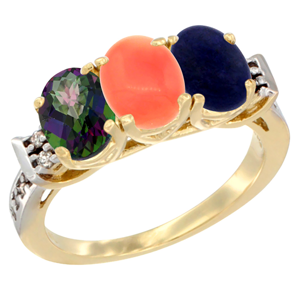 10K Yellow Gold Natural Mystic Topaz, Coral &amp; Lapis Ring 3-Stone Oval 7x5 mm Diamond Accent, sizes 5 - 10