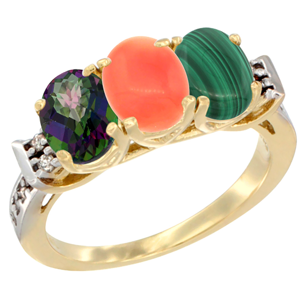 10K Yellow Gold Natural Mystic Topaz, Coral & Malachite Ring 3-Stone Oval 7x5 mm Diamond Accent, sizes 5 - 10