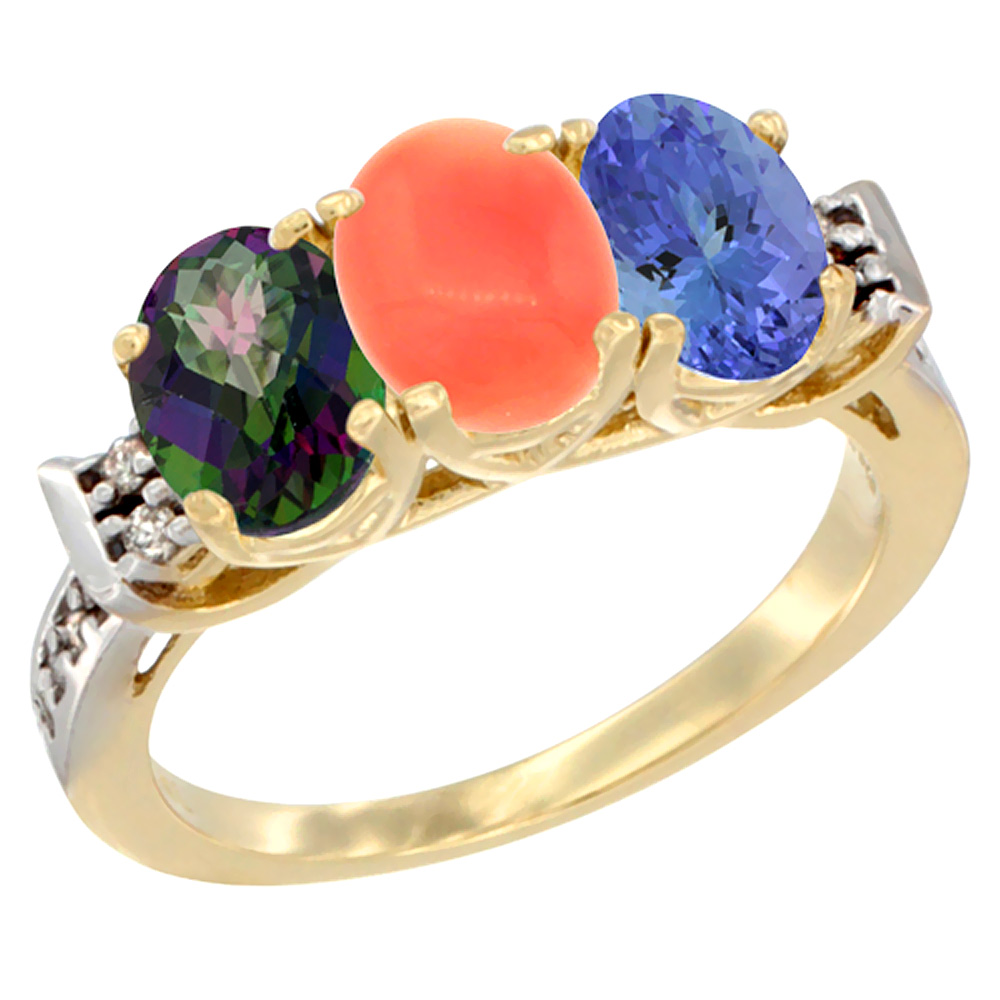 14K Yellow Gold Natural Mystic Topaz, Coral & Tanzanite Ring 3-Stone 7x5 mm Oval Diamond Accent, sizes 5 - 10