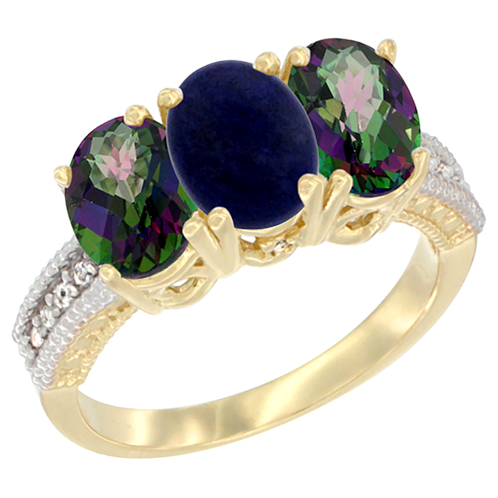 14K Yellow Gold Natural Lapis & Mystic Topaz Sides Ring 3-Stone 7x5 mm Oval Diamond Accent, sizes 5 - 10