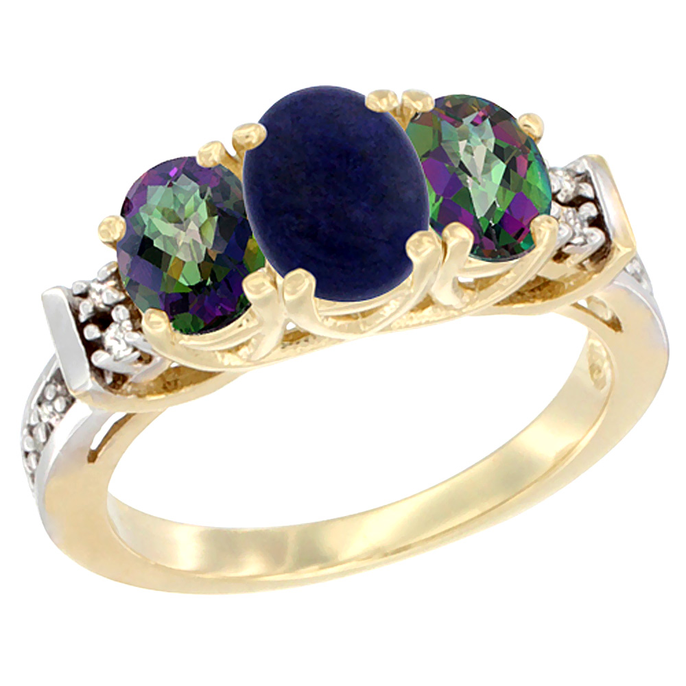 10K Yellow Gold Natural Lapis & Mystic Topaz Ring 3-Stone Oval Diamond Accent