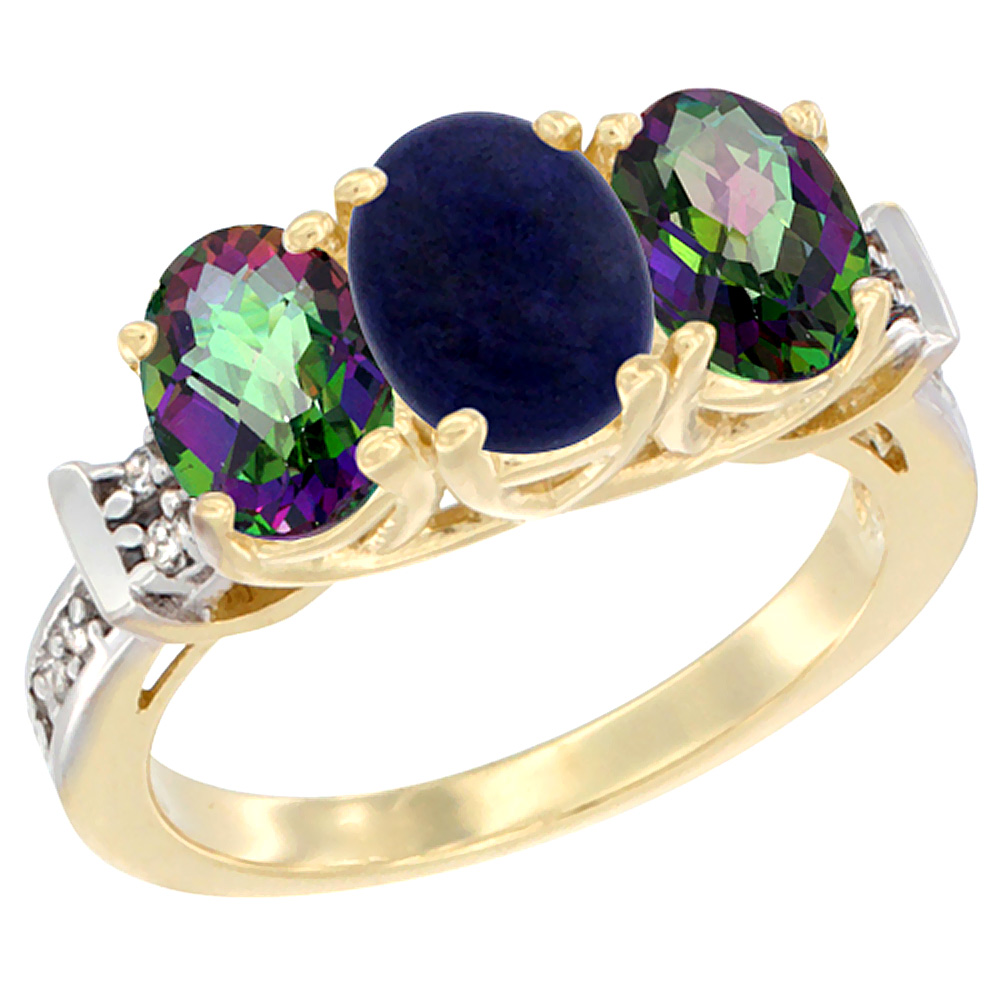 14K Yellow Gold Natural Lapis &amp; Mystic Topaz Sides Ring 3-Stone Oval Diamond Accent, sizes 5 - 10