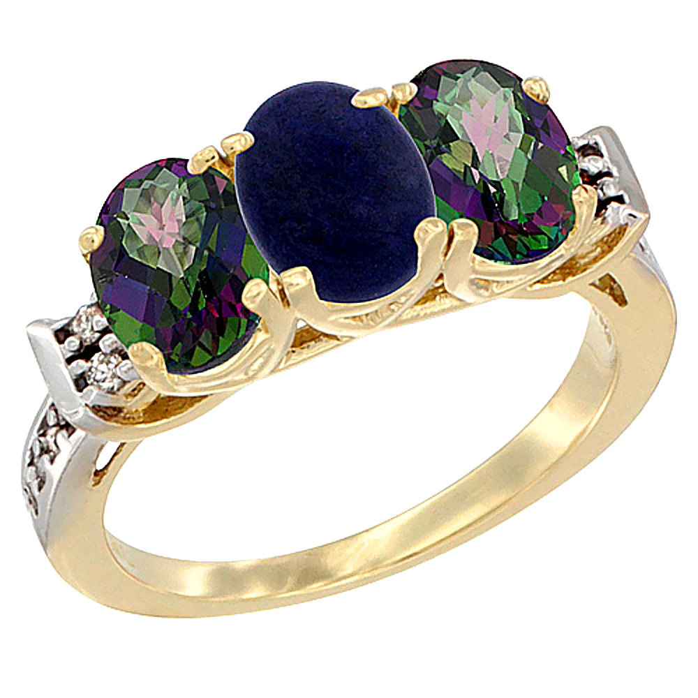 14K Yellow Gold Natural Lapis & Mystic Topaz Sides Ring 3-Stone 7x5 mm Oval Diamond Accent, sizes 5 - 10