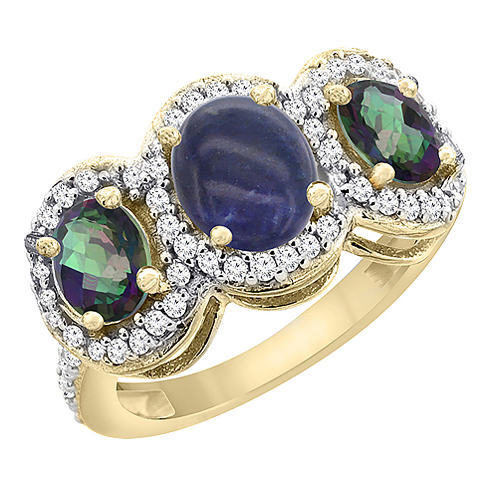 14K Yellow Gold Natural Lapis & Mystic Topaz 3-Stone Ring Oval Diamond Accent, sizes 5 - 10