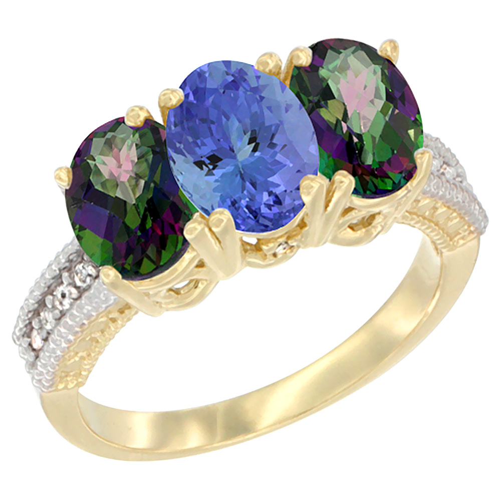 14K Yellow Gold Natural Tanzanite & Mystic Topaz Sides Ring 3-Stone 7x5 mm Oval Diamond Accent, sizes 5 - 10