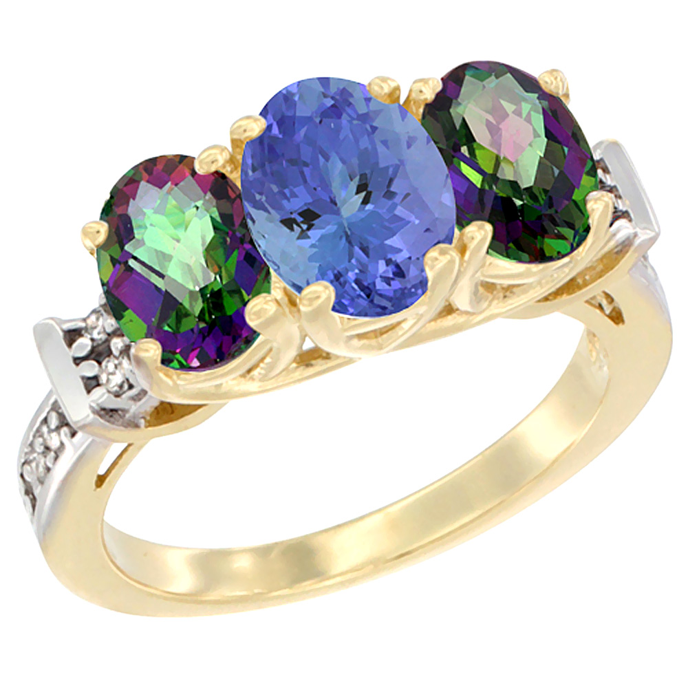 14K Yellow Gold Natural Tanzanite &amp; Mystic Topaz Sides Ring 3-Stone Oval Diamond Accent, sizes 5 - 10