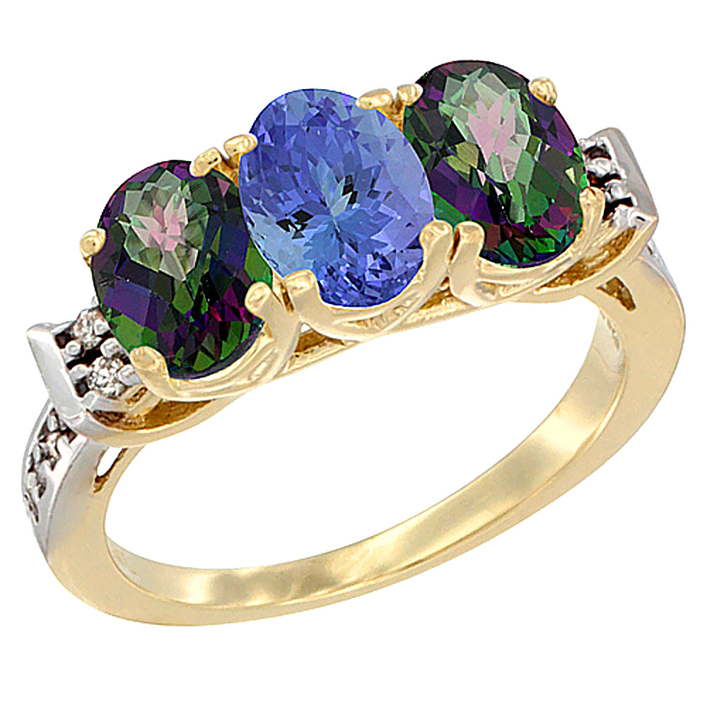 14K Yellow Gold Natural Tanzanite &amp; Mystic Topaz Sides Ring 3-Stone 7x5 mm Oval Diamond Accent, sizes 5 - 10
