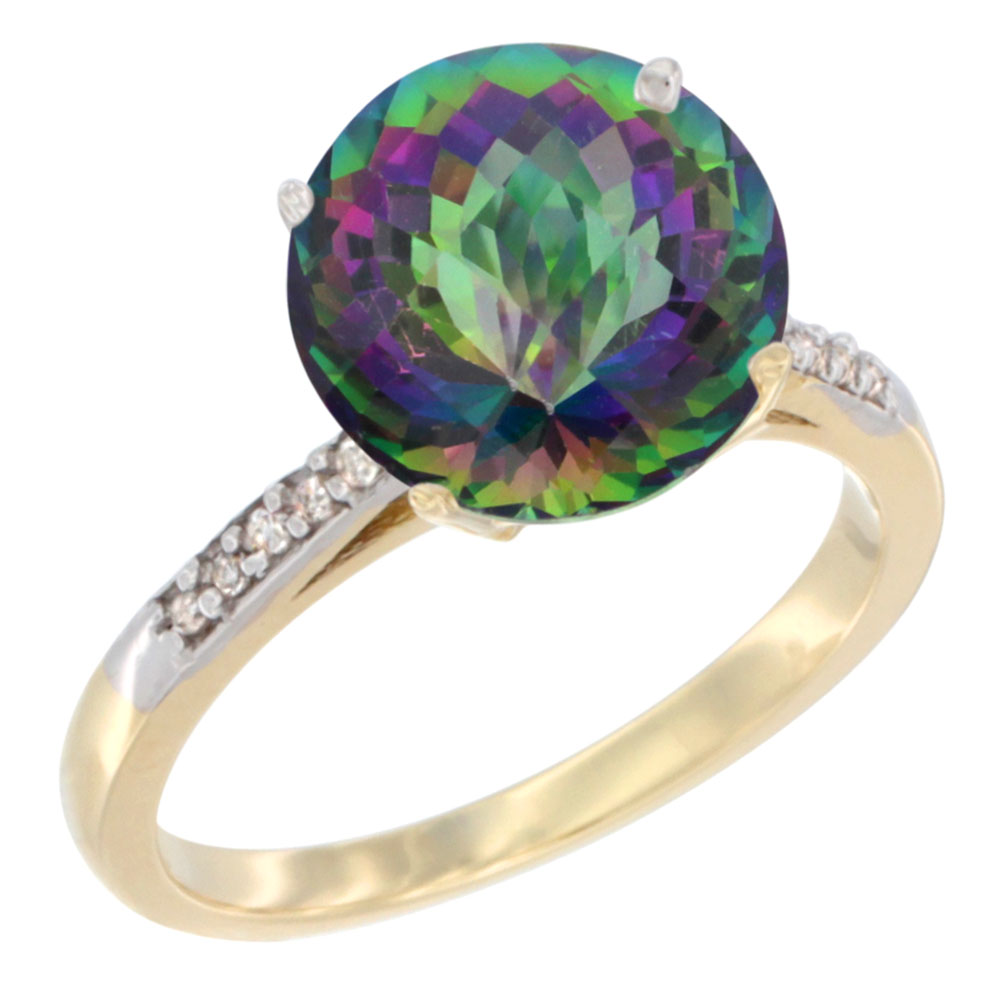 10K Yellow Gold Natural Mystic Topaz Ring Round 10mm Diamond accent, sizes 5 - 10