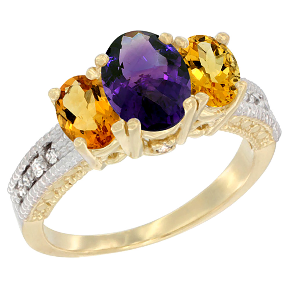 14K Yellow Gold Diamond Natural Amethyst Ring Oval 3-stone with Citrine, sizes 5 - 10