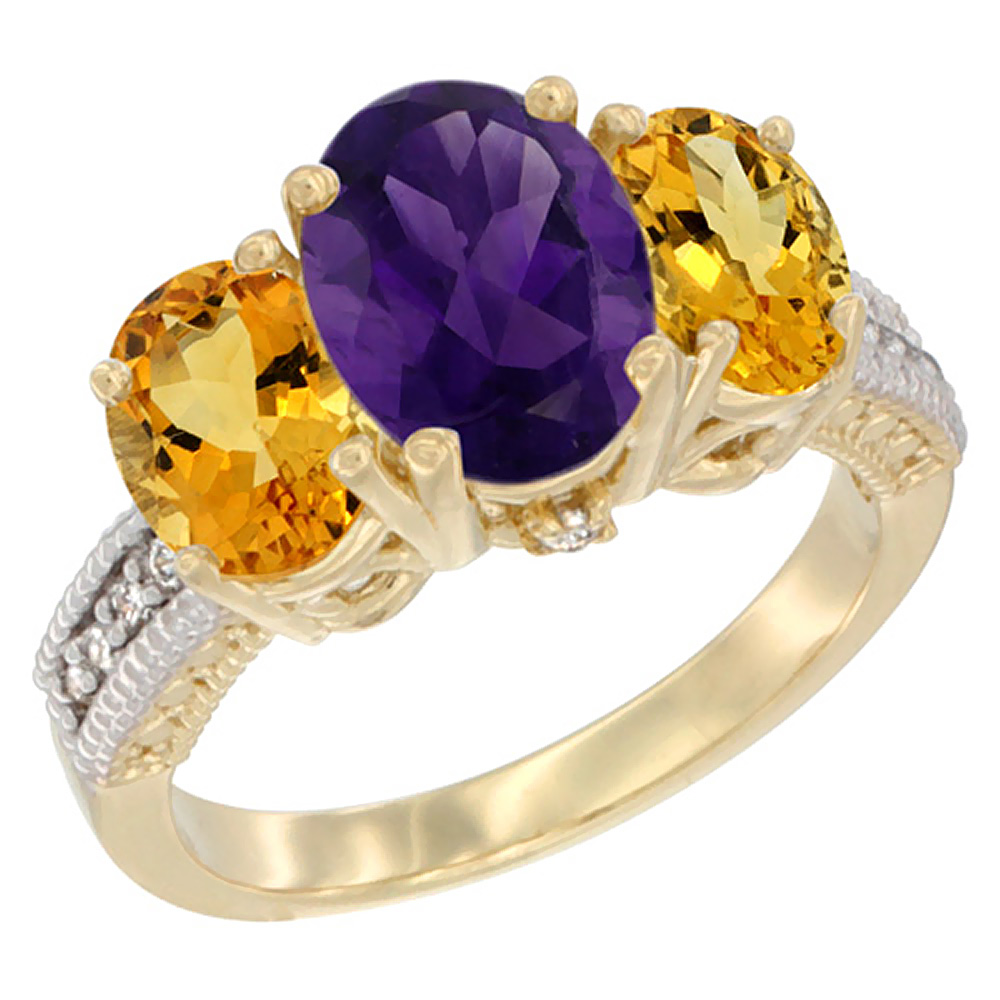 10K Yellow Gold Diamond Natural Amethyst Ring 3-Stone Oval 8x6mm with Citrine, sizes5-10