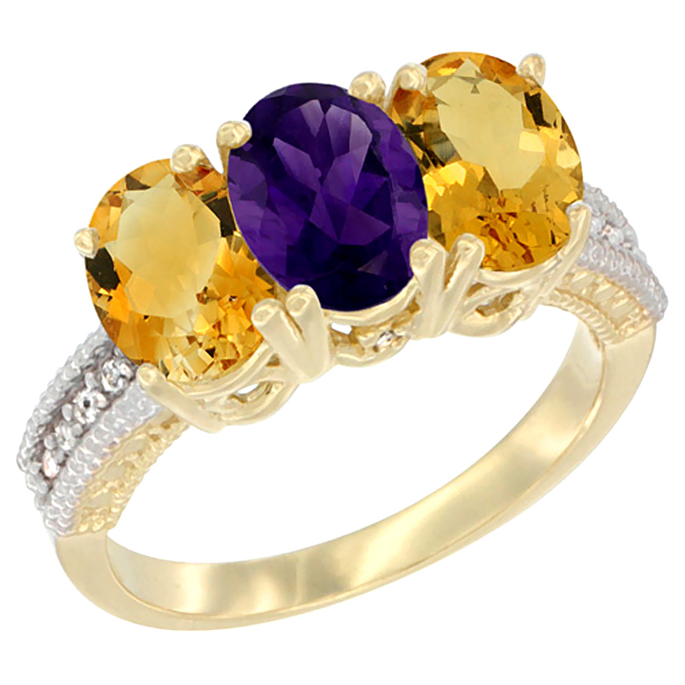 14K Yellow Gold Natural Amethyst & Citrine Sides Ring 3-Stone 7x5 mm Oval Diamond Accent, sizes 5 - 10