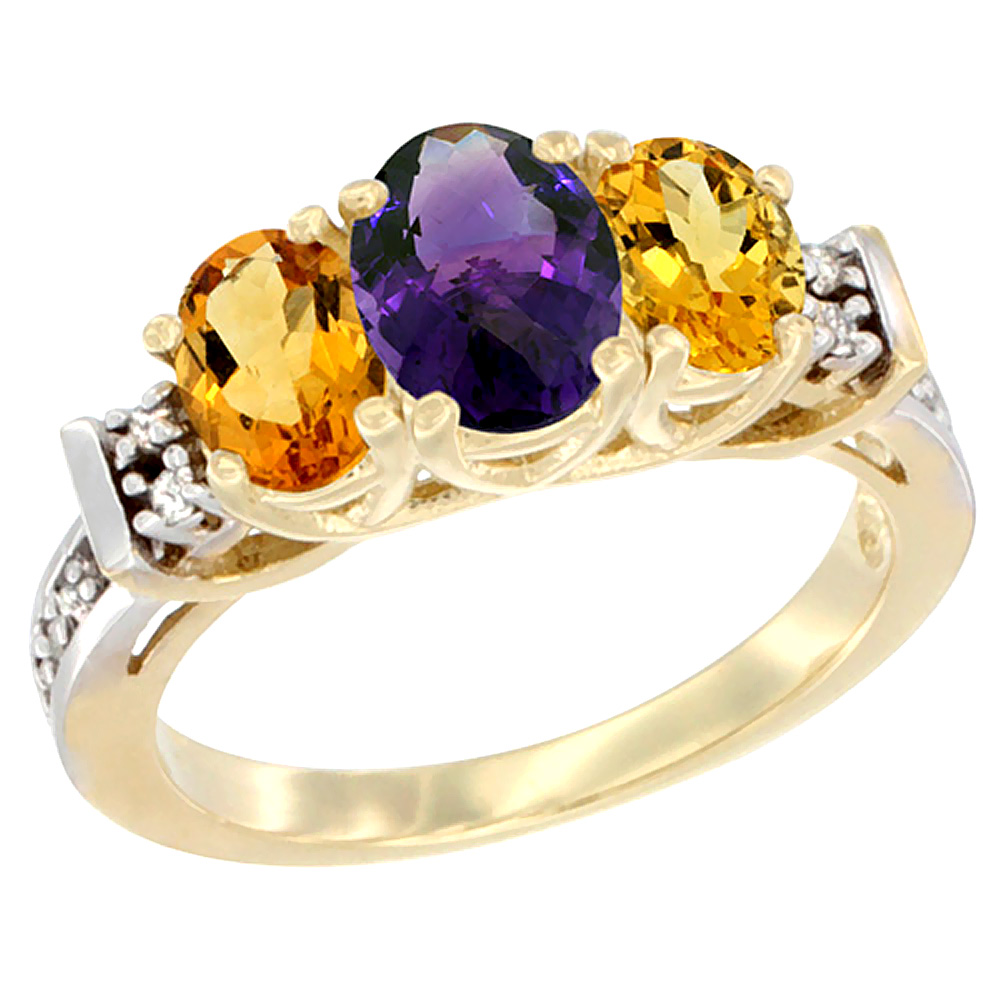 10K Yellow Gold Natural Amethyst &amp; Citrine Ring 3-Stone Oval Diamond Accent