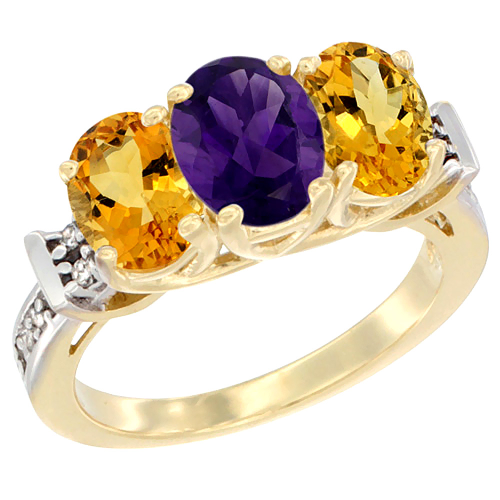 14K Yellow Gold Natural Amethyst &amp; Citrine Sides Ring 3-Stone Oval Diamond Accent, sizes 5 - 10