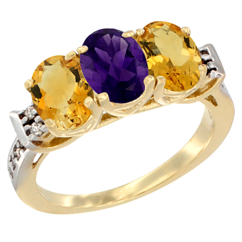 14K Yellow Gold Natural Amethyst &amp; Citrine Sides Ring 3-Stone 7x5 mm Oval Diamond Accent, sizes 5 - 10