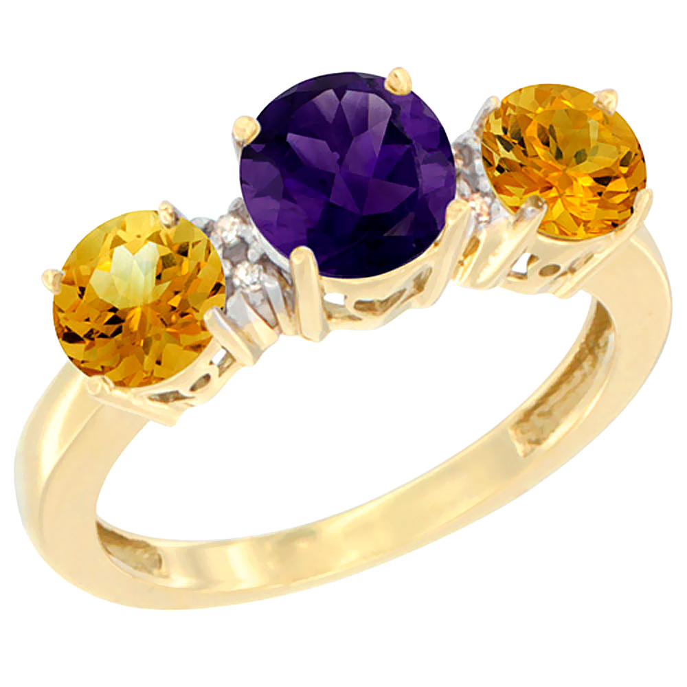 10K Yellow Gold Round 3-Stone Natural Amethyst Ring & Citrine Sides Diamond Accent, sizes 5 - 10