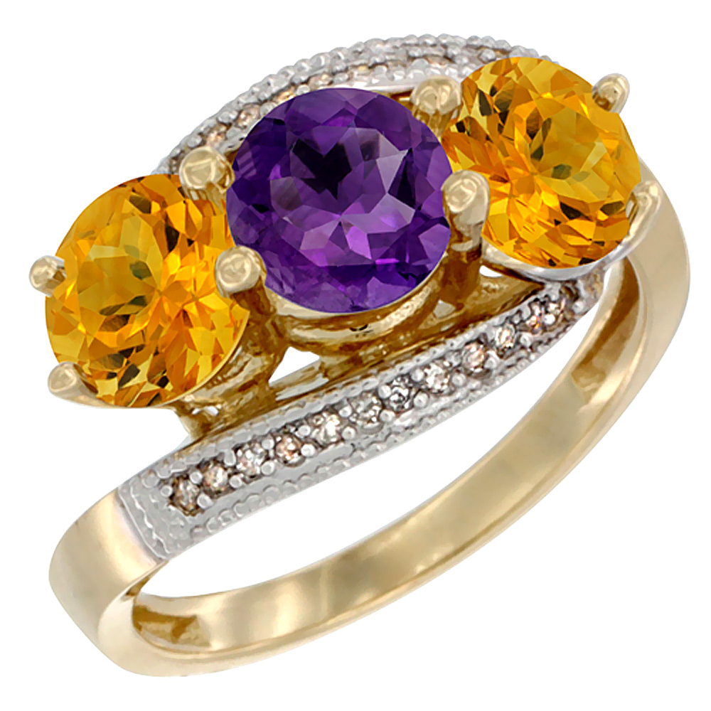 10K Yellow Gold Natural Amethyst &amp; Citrine Sides 3 stone Ring Round 6mm Diamond Accent, sizes 5 - 10
