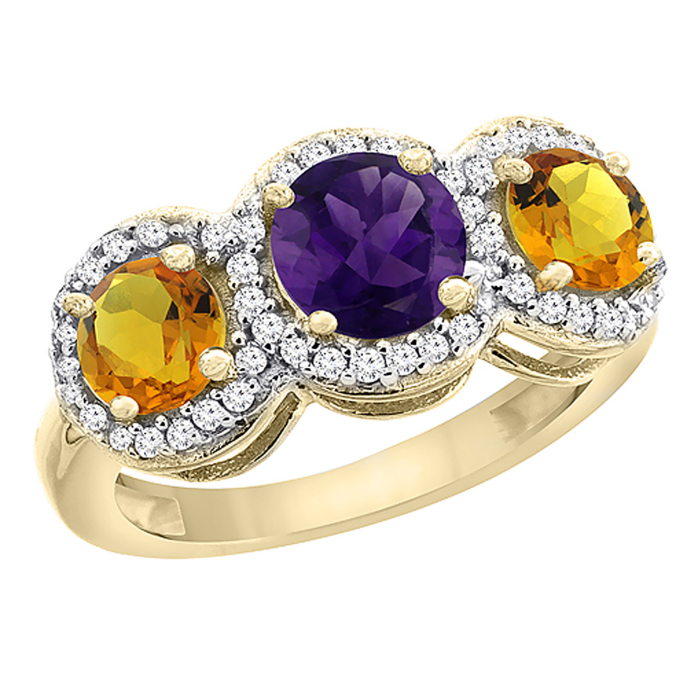 10K Yellow Gold Natural Amethyst &amp; Citrine Sides Round 3-stone Ring Diamond Accents, sizes 5 - 10
