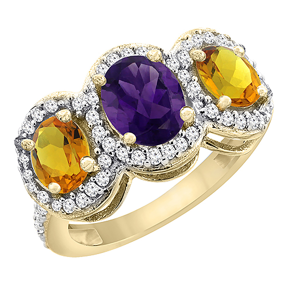 10K Yellow Gold Natural Amethyst &amp; Citrine 3-Stone Ring Oval Diamond Accent, sizes 5 - 10