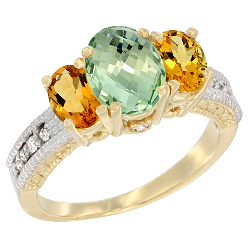 10K Yellow Gold Diamond Natural Green Amethyst Ring Oval 3-stone with Citrine, sizes 5 - 10