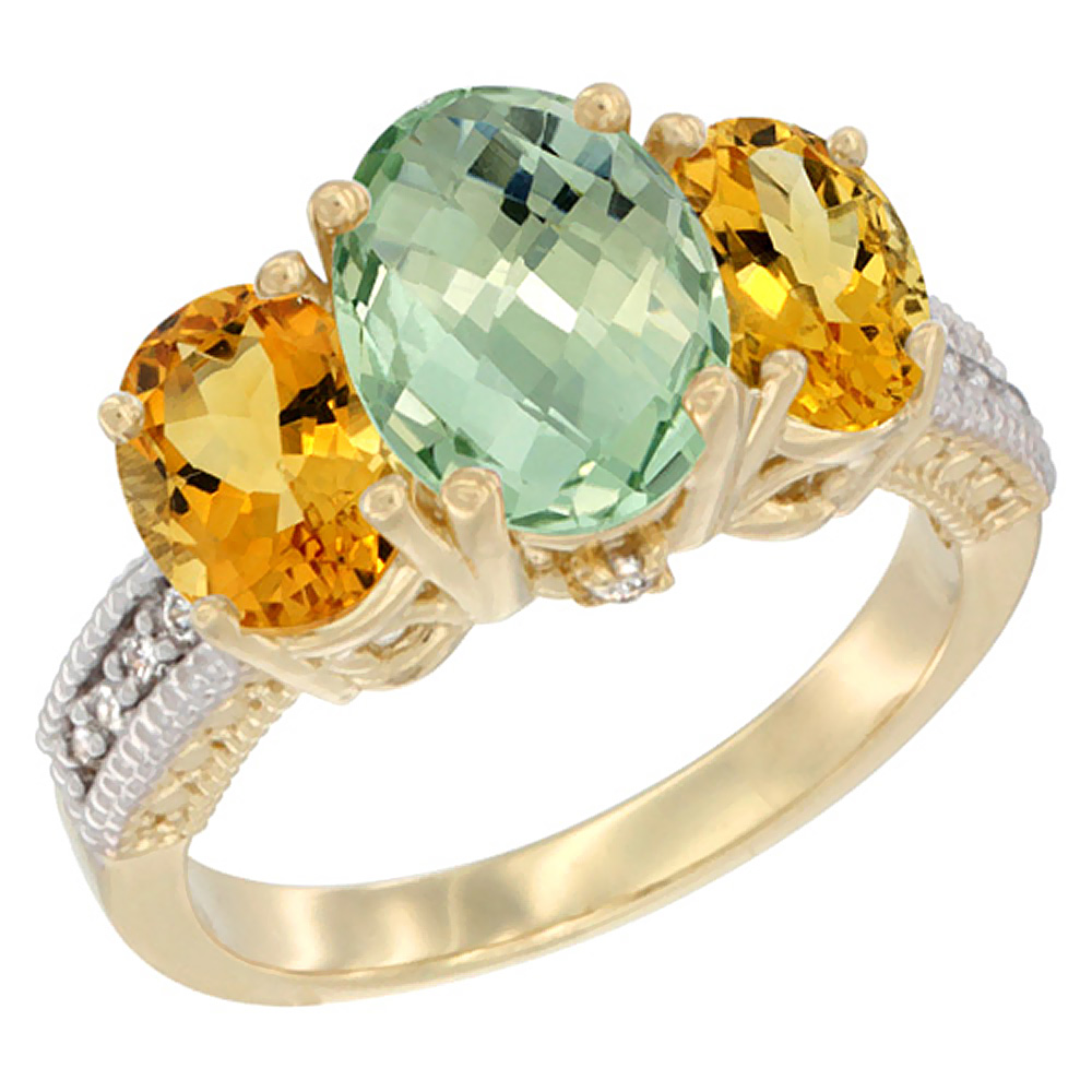 14K Yellow Gold Diamond Natural Green Amethyst Ring 3-Stone Oval 8x6mm with Citrine, sizes5-10