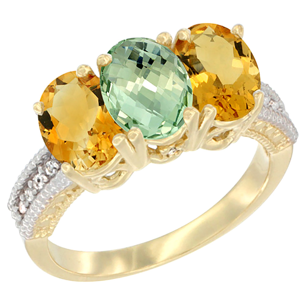 14K Yellow Gold Natural Green Amethyst &amp; Citrine Sides Ring 3-Stone 7x5 mm Oval Diamond Accent, sizes 5 - 10