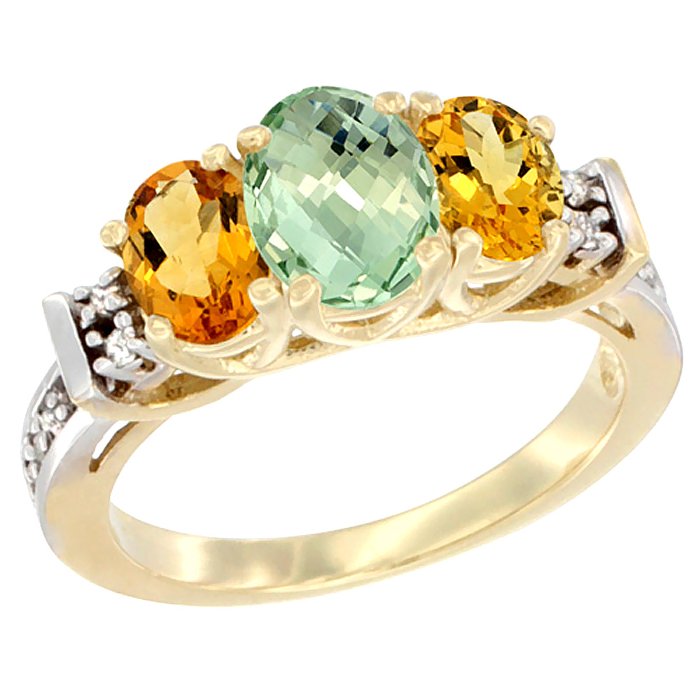 14K Yellow Gold Natural Green Amethyst &amp; Citrine Ring 3-Stone Oval Diamond Accent