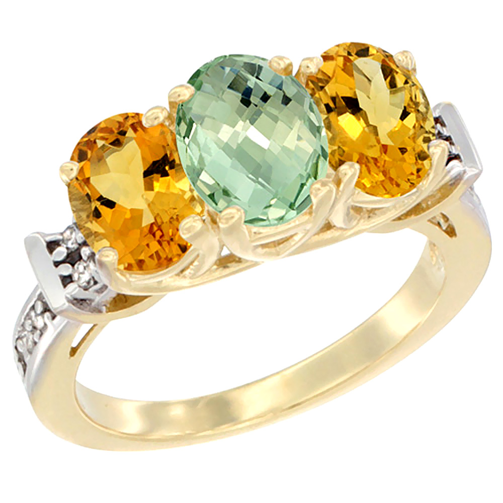 10K Yellow Gold Natural Green Amethyst &amp; Citrine Sides Ring 3-Stone Oval Diamond Accent, sizes 5 - 10