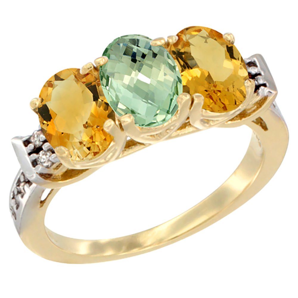14K Yellow Gold Natural Green Amethyst & Citrine Sides Ring 3-Stone 7x5 mm Oval Diamond Accent, sizes 5 - 10