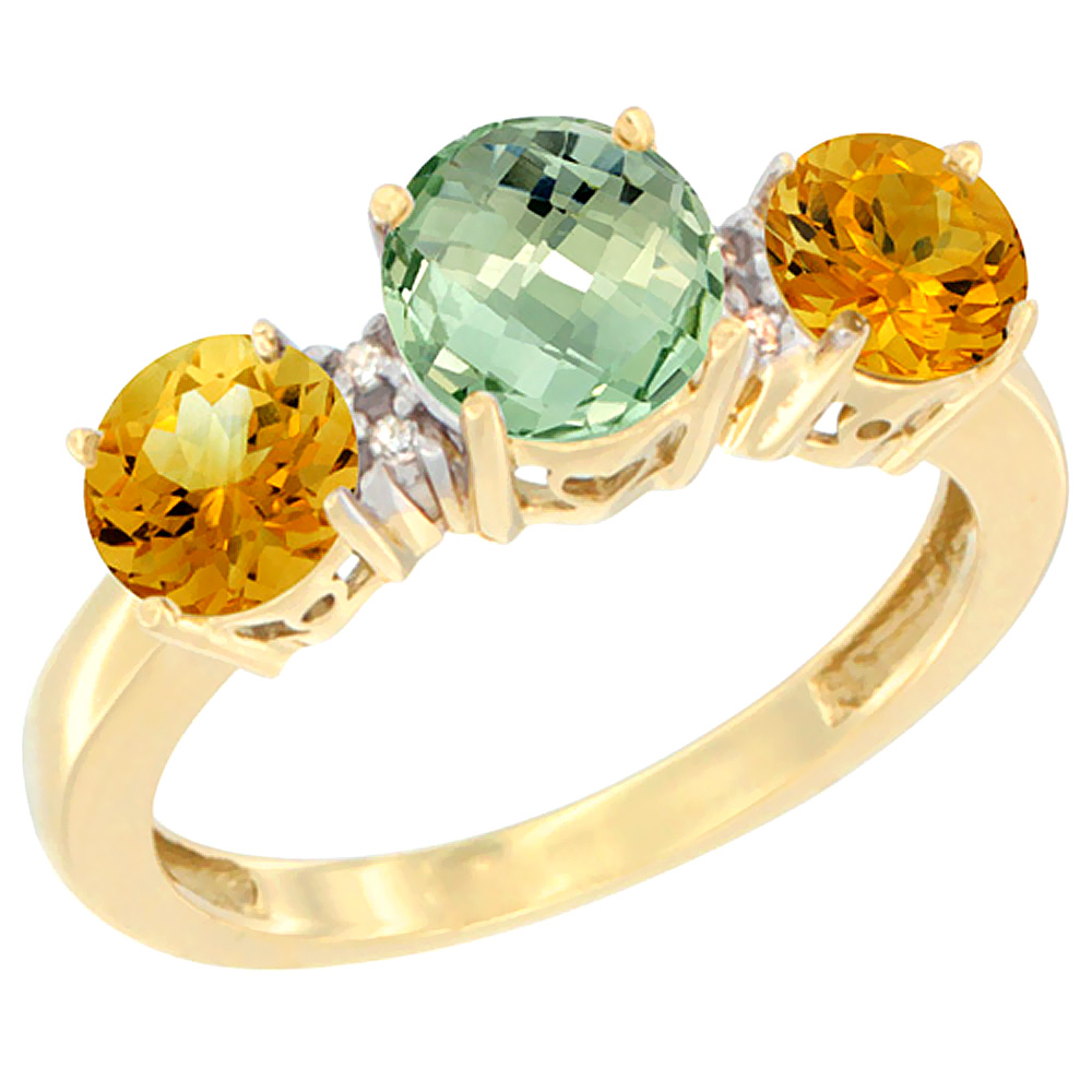 14K Yellow Gold Round 3-Stone Natural Green Amethyst Ring & Citrine Sides Diamond Accent, sizes 5 - 10