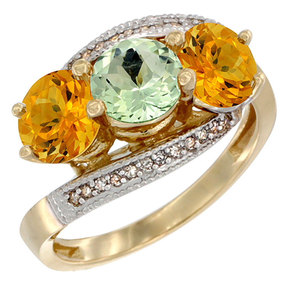 14K Yellow Gold Natural Green Amethyst &amp; Citrine Sides 3 stone Ring Round 6mm Diamond Accent, sizes 5 - 10