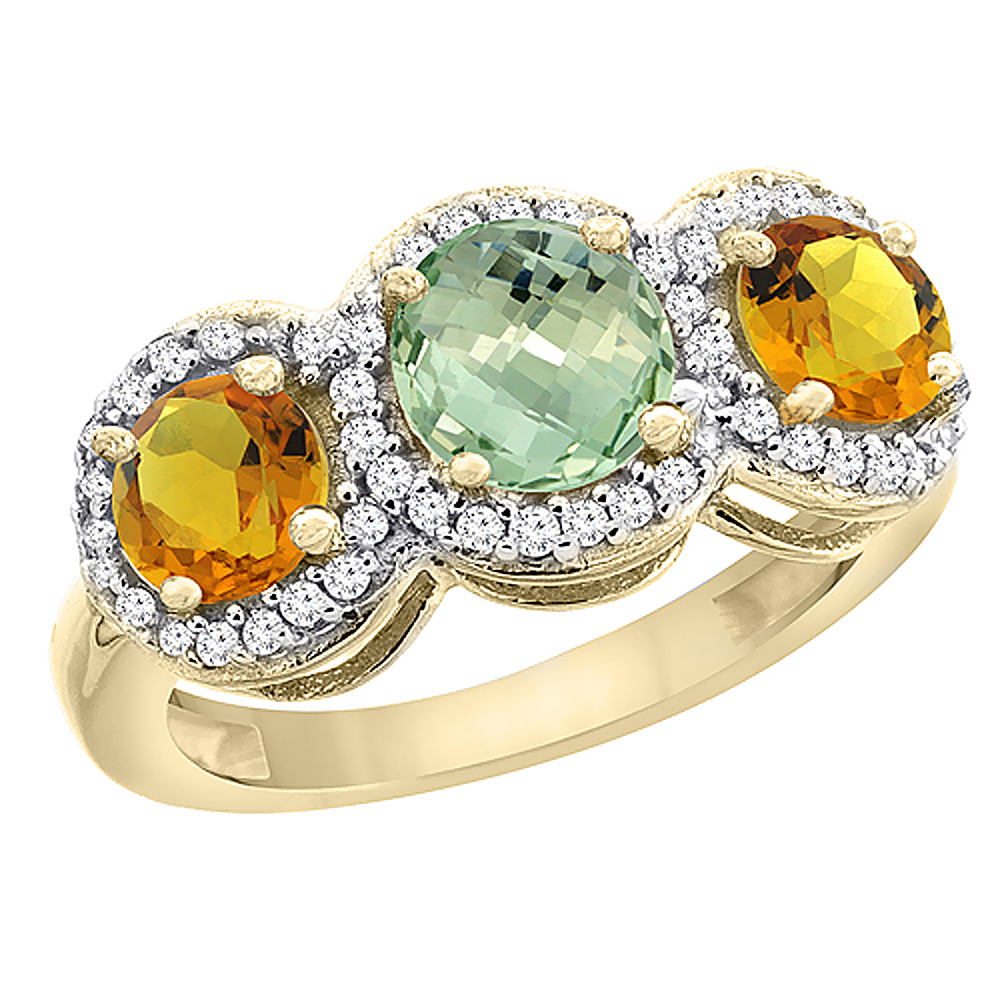 14K Yellow Gold Natural Green Amethyst & Citrine Sides Round 3-stone Ring Diamond Accents, sizes 5 - 10