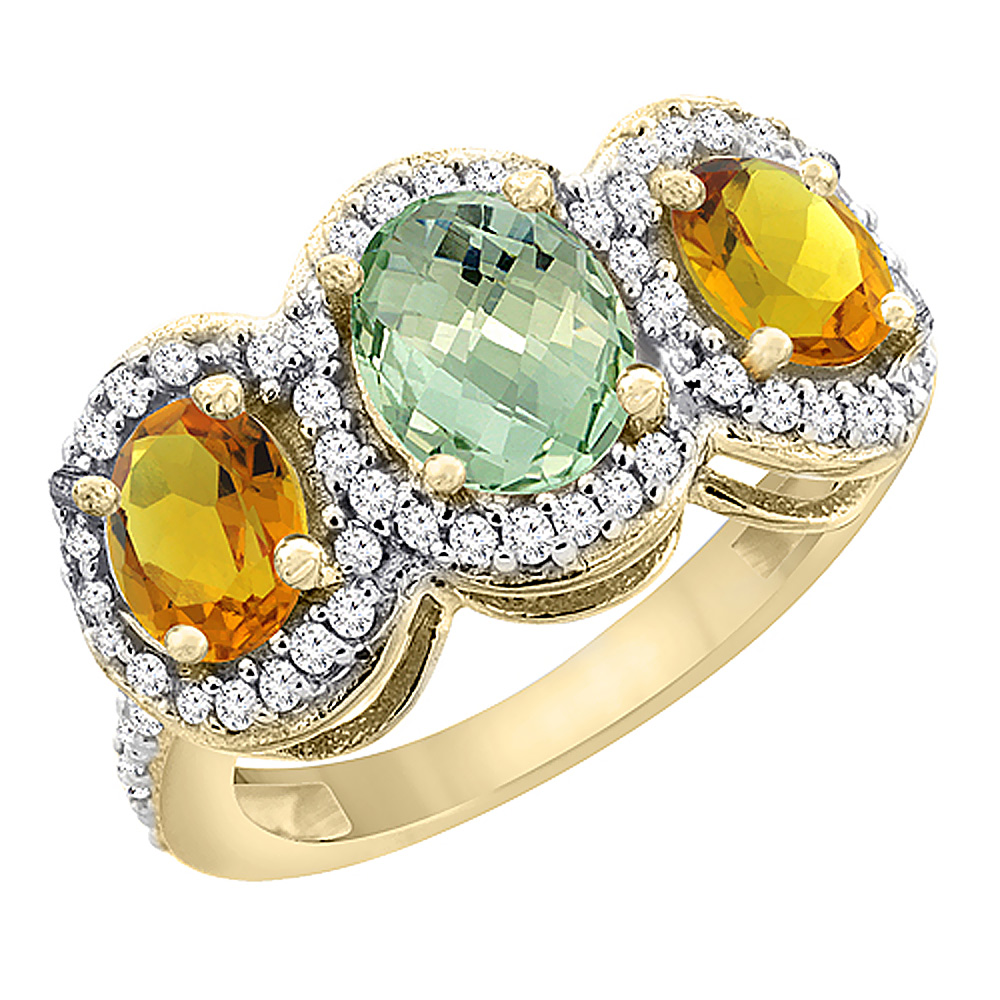 14K Yellow Gold Natural Green Amethyst & Citrine 3-Stone Ring Oval Diamond Accent, sizes 5 - 10