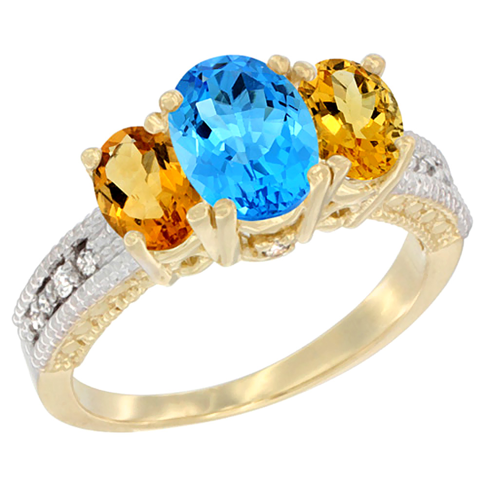 14K Yellow Gold Diamond Natural Swiss Blue Topaz Ring Oval 3-stone with Citrine, sizes 5 - 10