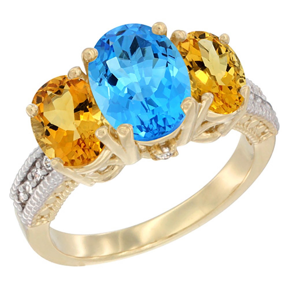 10K Yellow Gold Diamond Natural Swiss Blue Topaz Ring 3-Stone Oval 8x6mm with Citrine, sizes5-10
