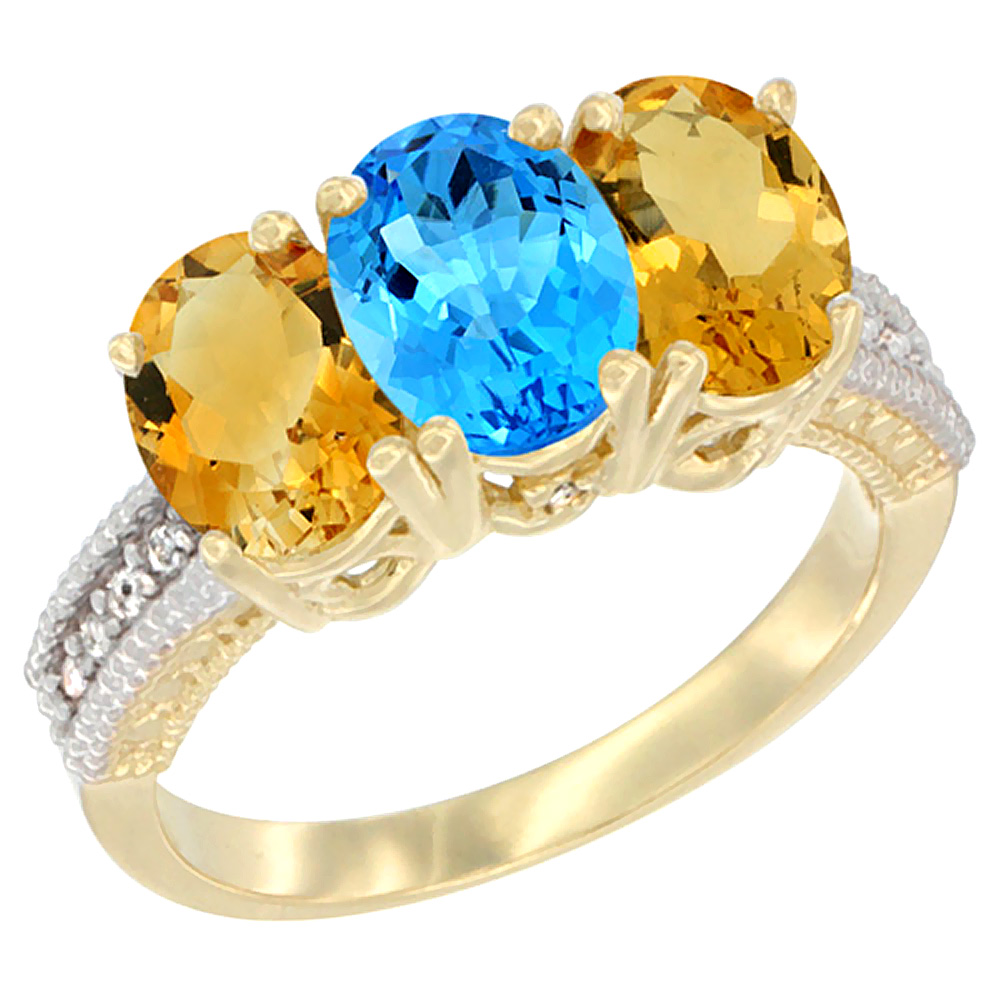 14K Yellow Gold Natural Swiss Blue Topaz &amp; Citrine Sides Ring 3-Stone 7x5 mm Oval Diamond Accent, sizes 5 - 10