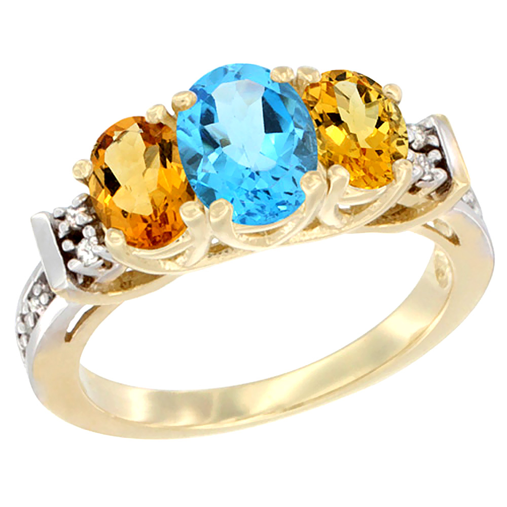 10K Yellow Gold Natural Swiss Blue Topaz &amp; Citrine Ring 3-Stone Oval Diamond Accent