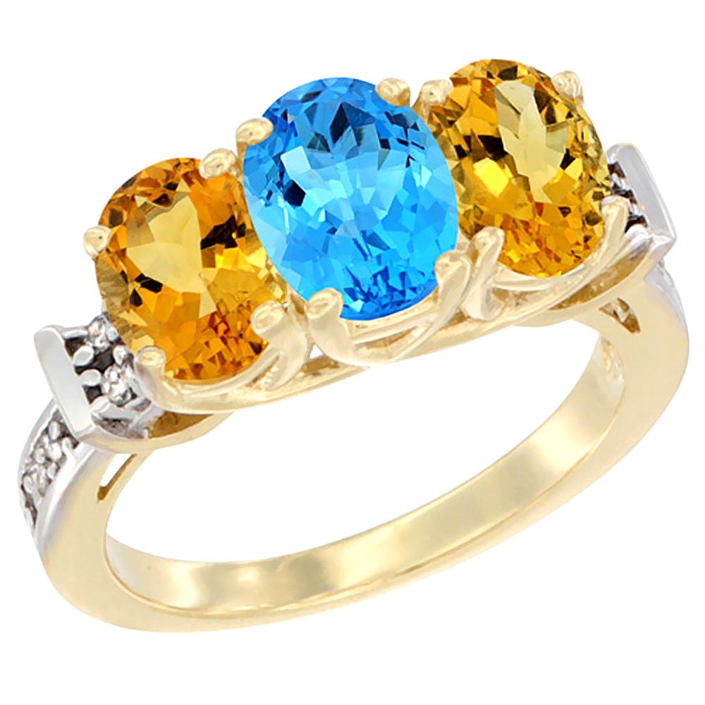 10K Yellow Gold Natural Swiss Blue Topaz & Citrine Sides Ring 3-Stone Oval Diamond Accent, sizes 5 - 10