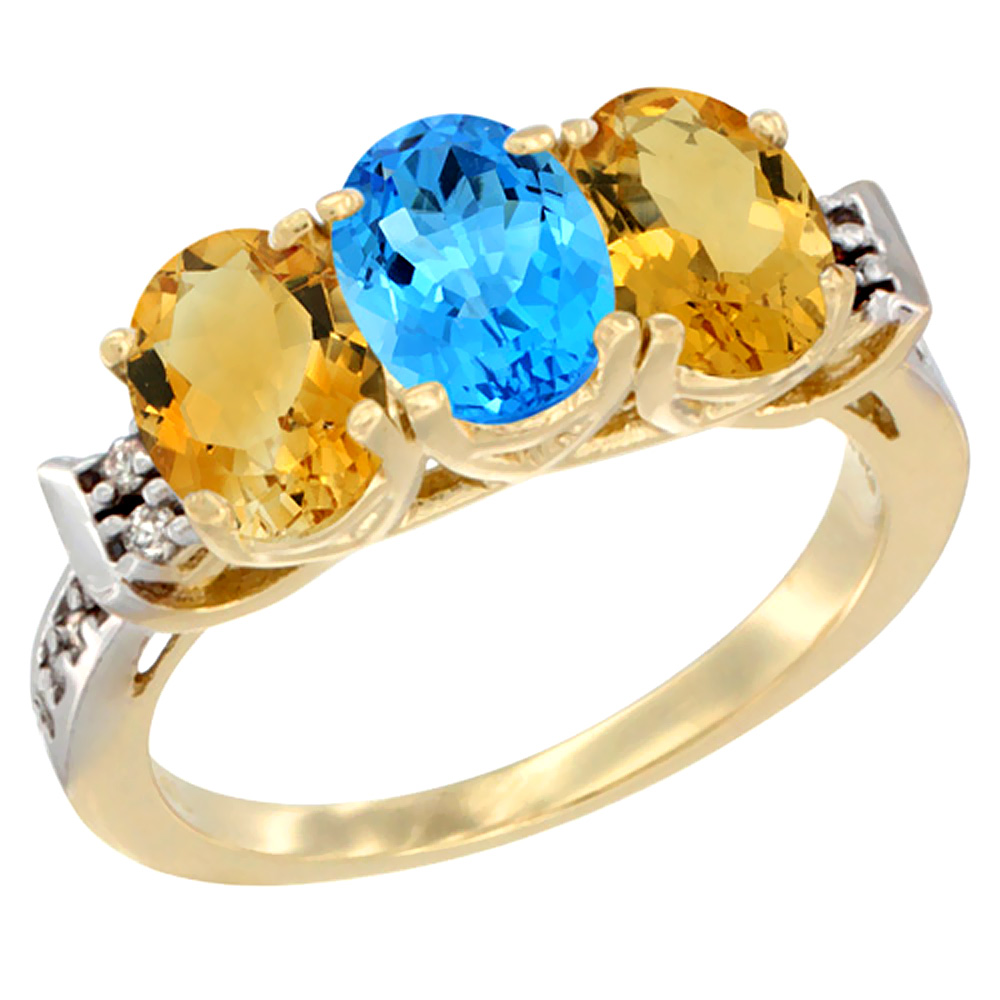 14K Yellow Gold Natural Swiss Blue Topaz & Citrine Sides Ring 3-Stone 7x5 mm Oval Diamond Accent, sizes 5 - 10