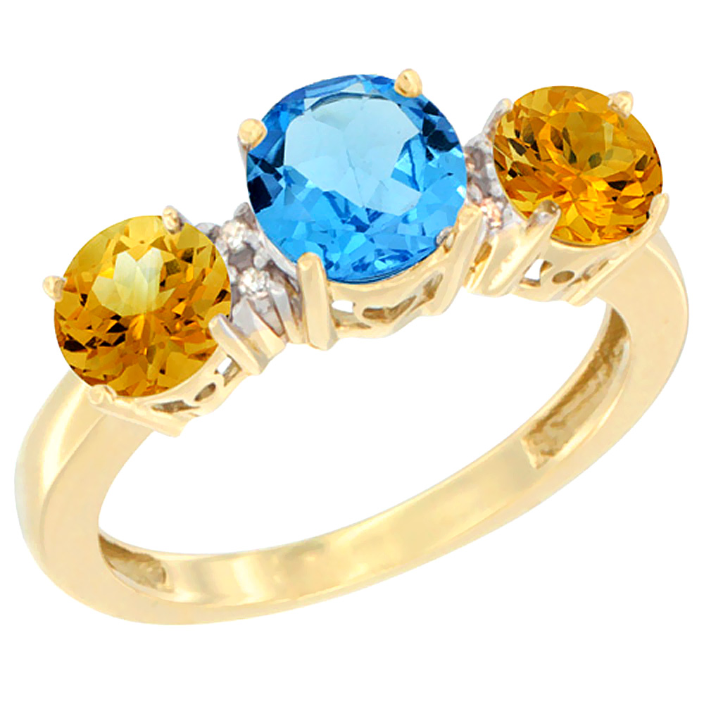 14K Yellow Gold Round 3-Stone Natural Swiss Blue Topaz Ring &amp; Citrine Sides Diamond Accent, sizes 5 - 10