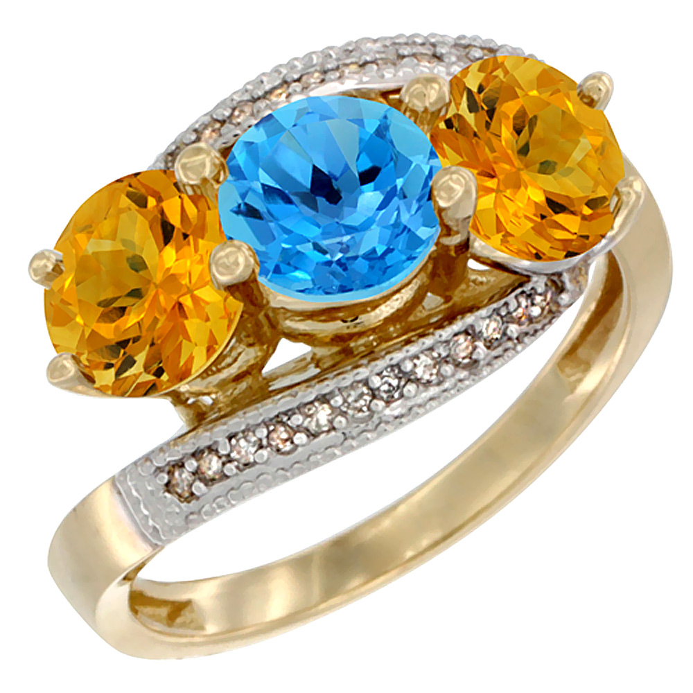 10K Yellow Gold Natural Swiss Blue Topaz &amp; Citrine Sides 3 stone Ring Round 6mm Diamond Accent, sizes 5 - 10