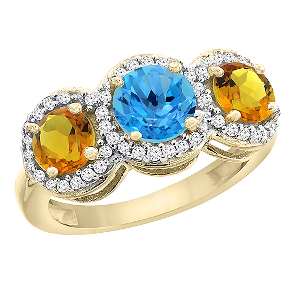 14K Yellow Gold Natural Swiss Blue Topaz &amp; Citrine Sides Round 3-stone Ring Diamond Accents, sizes 5 - 10