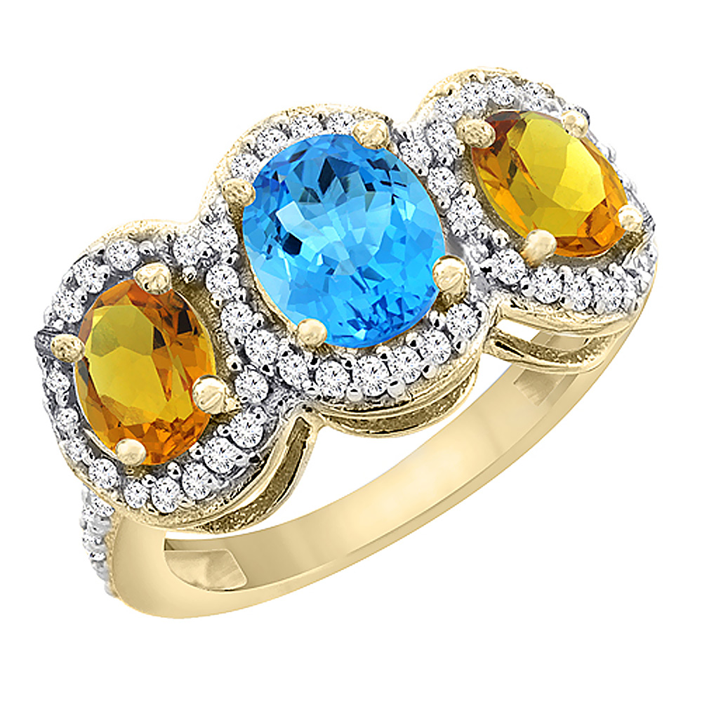 10K Yellow Gold Natural Swiss Blue Topaz & Citrine 3-Stone Ring Oval Diamond Accent, sizes 5 - 10