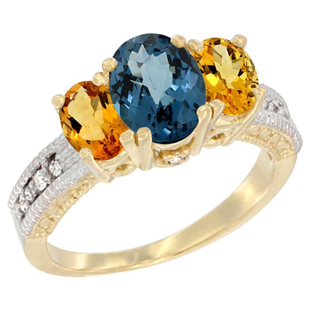 10K Yellow Gold Diamond Natural London Blue Topaz Ring Oval 3-stone with Citrine, sizes 5 - 10