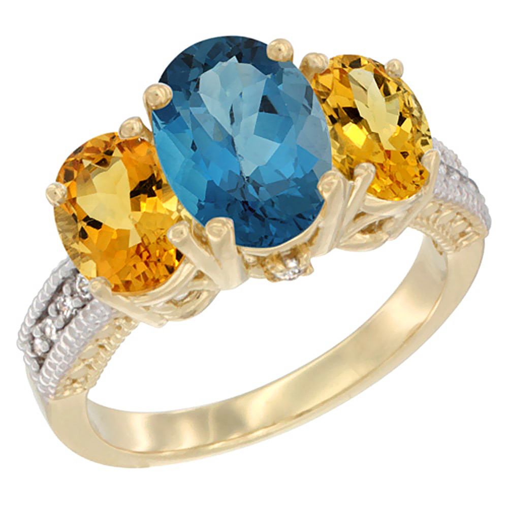 14K Yellow Gold Diamond Natural London Blue Topaz Ring 3-Stone Oval 8x6mm with Citrine, sizes5-10
