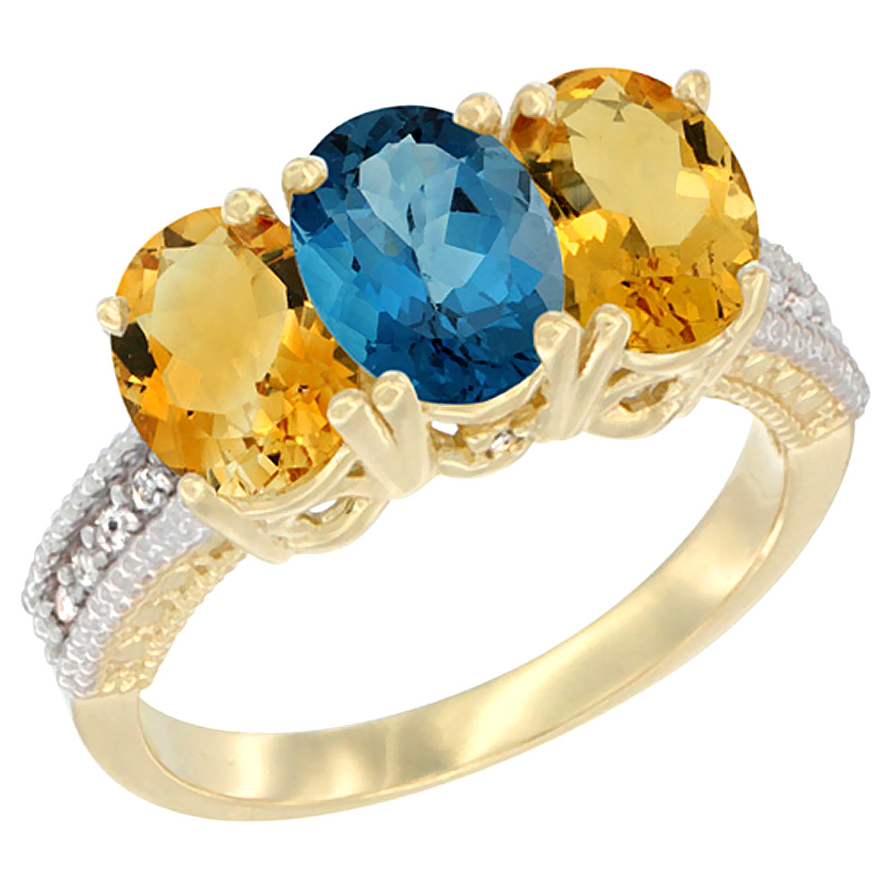 10K Yellow Gold Diamond Natural London Blue Topaz & Citrine Ring 3-Stone 7x5 mm Oval, sizes 5 - 10