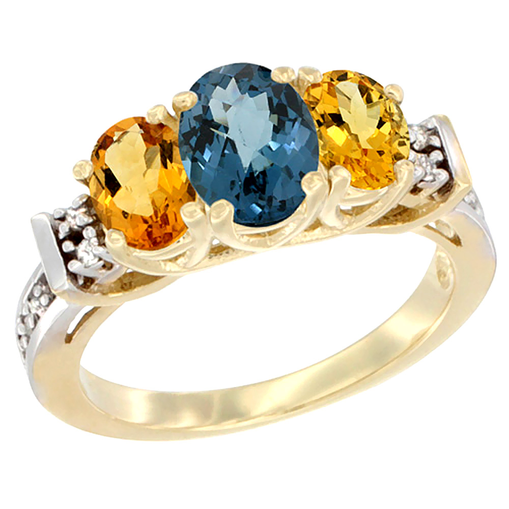 14K Yellow Gold Natural London Blue Topaz & Citrine Ring 3-Stone Oval Diamond Accent