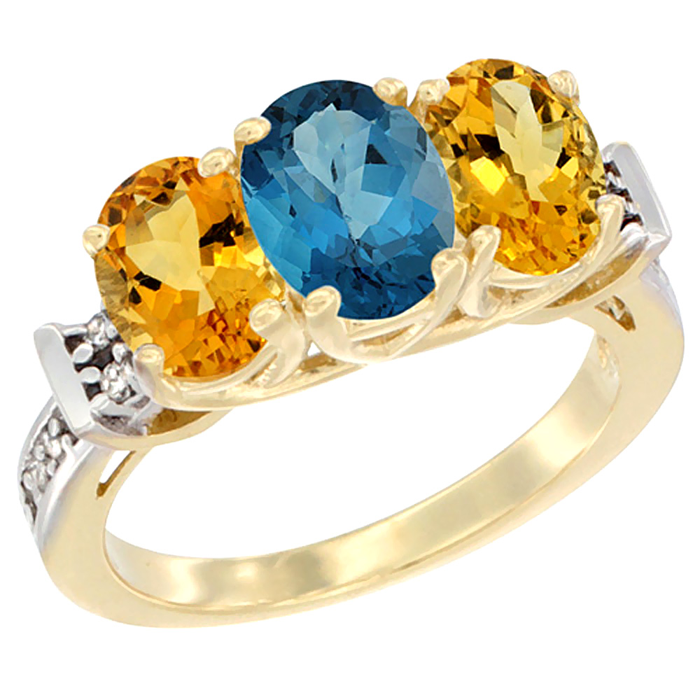 14K Yellow Gold Natural London Blue Topaz & Citrine Sides Ring 3-Stone Oval Diamond Accent, sizes 5 - 10